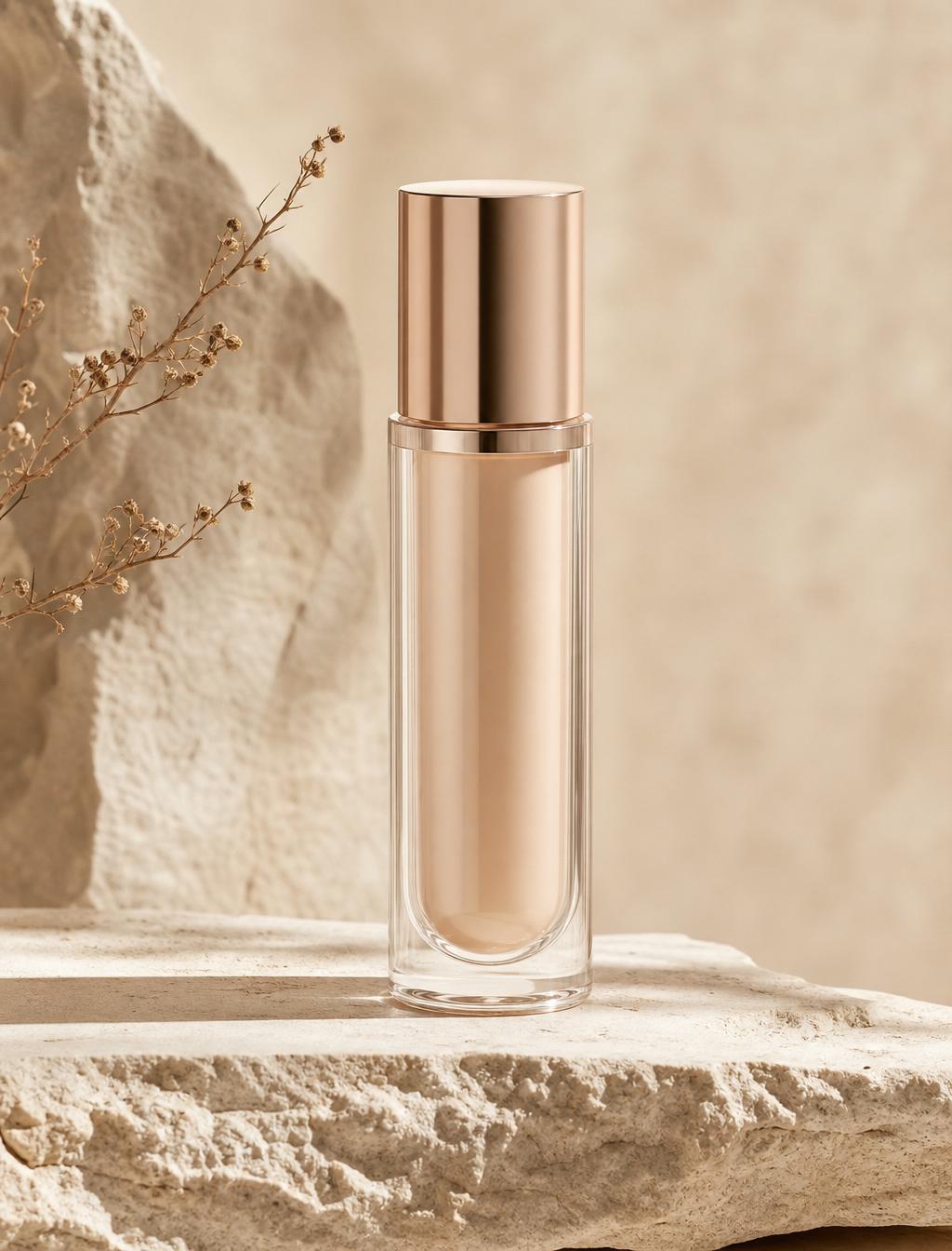 Elegant Koreaans skincare flesje op een beige stenen oppervlak